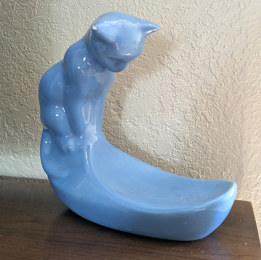 Vintage Camark Pottery Blue Cat Statue
